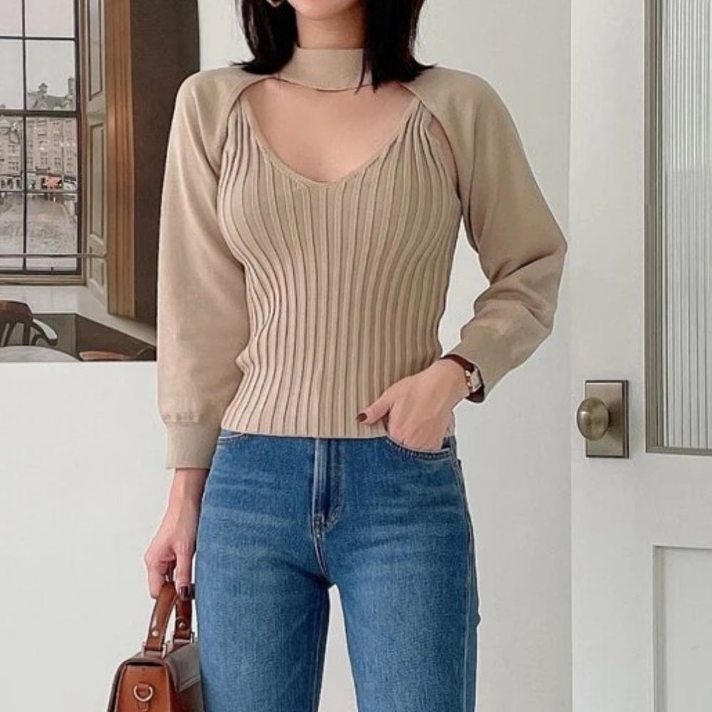 Beige Ribbed Cami Top and Crop Arm Sweater Fall WI - Picture 5 of 8
